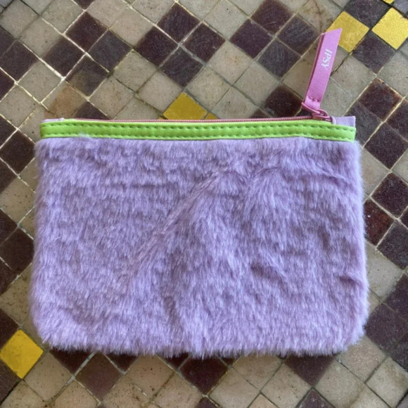 Like New Ipsy Fuzzy Furry Lavender Purple and Neon Green Cosmetics Pouch Bag - Picture 2 of 2